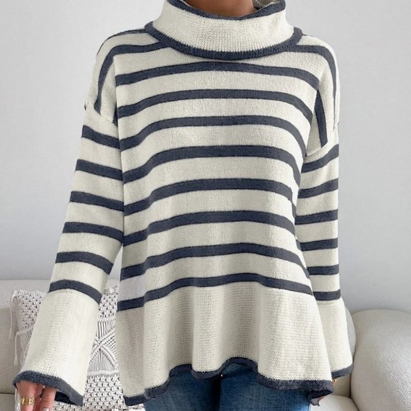 White Preppy Womens Striped Pattern High Neck Split Hem Sweater - Picture 4 of 5